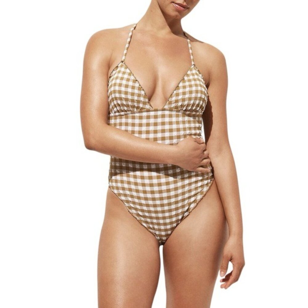 J. Crew Ruched Plunge One Piece Swimsuit in Bamboo Gingham Size 12 NWT
